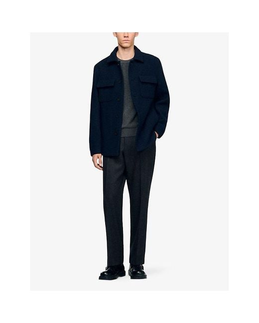 Sandro Blue Patch-Pocket Long-Sleeve Wool Overshirt for men