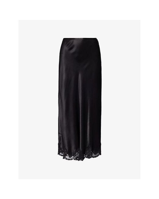 Rixo Black Crystal Lace-trim Mid-rise Satin Midi Skirt