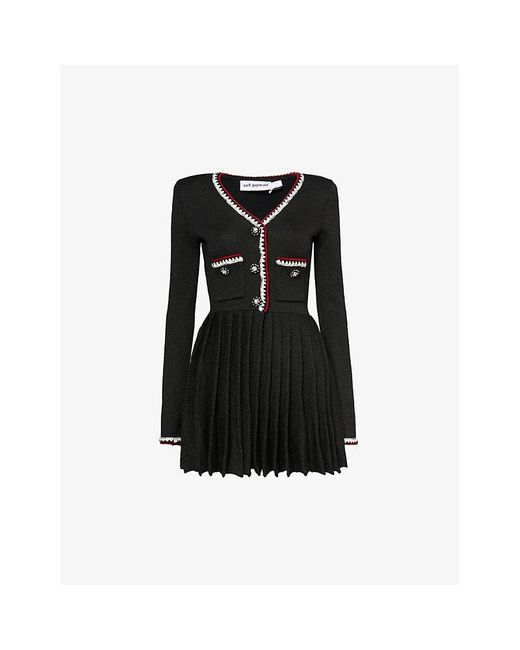 Self-Portrait Black Pleated-skirt Contrast-stripe Woven-blend Mini Dress