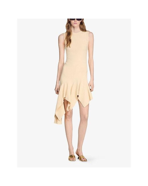 Sandro Natural Asymmetric Sleeveless Knitted Mini Dress