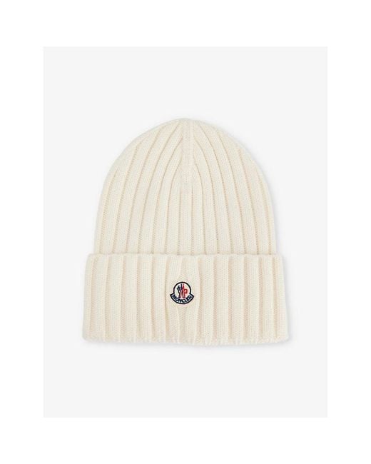 Moncler Natural Brand-Appliqué Ribbed Wool Knitted Beanie