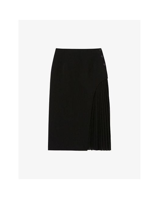 Claudie Pierlot Black Pleated-Panel High-Waist Stretch-Woven Midi Skirt