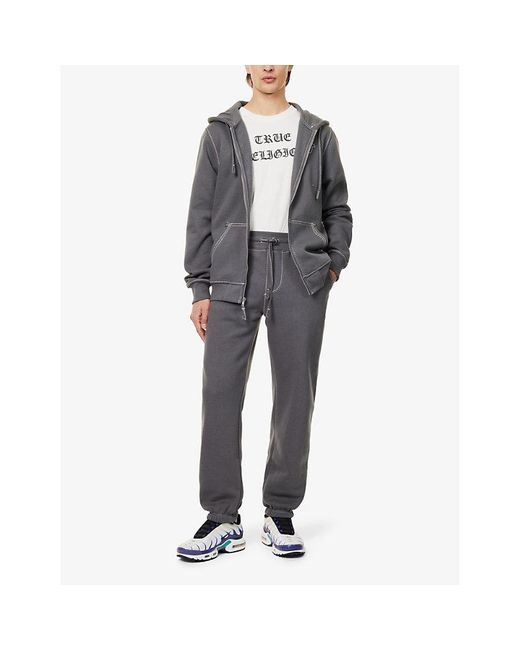 True Religion Gray Big-T Contrast-Stitching Tapered-Leg Relaxed-Fit Cotton-Blend Jogging Bottoms for men