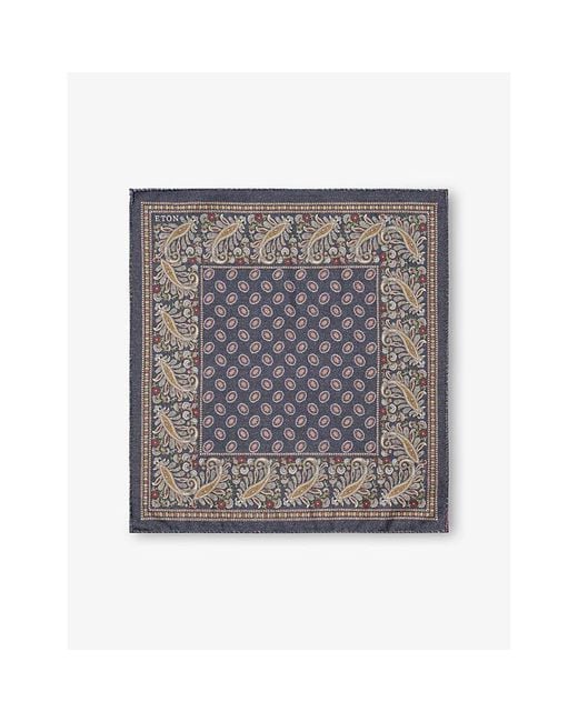 Eton of Sweden Gray Paisley-Print Two-Face Wool Pocket Square for men