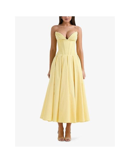 House Of Cb Yellow Lady Plunge-Neck Stretch-Cotton Midi Dress