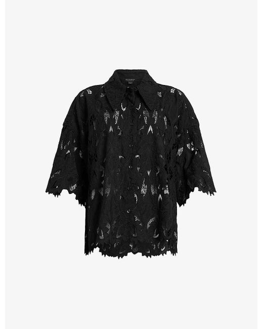 AllSaints Black Charli Lace-embroidered Short-sleeve Woven Shirt