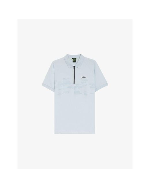 Boss Blue Abstract-Print Zipped Cotton-Blend Polo Shirt for men