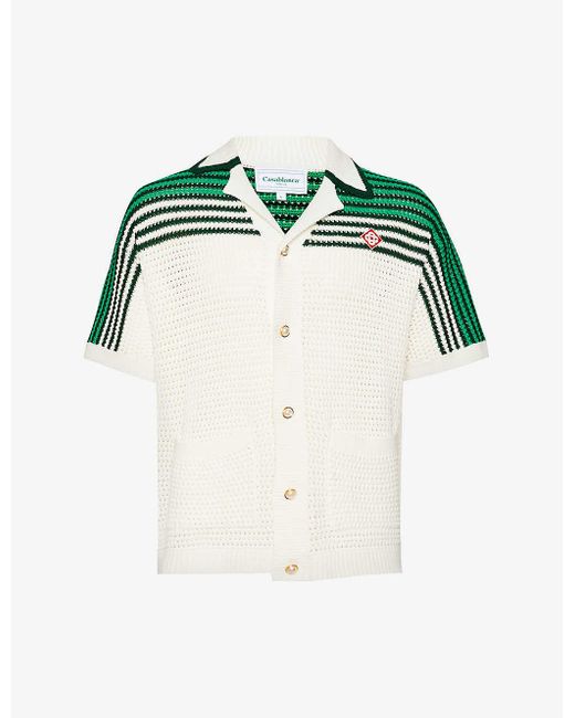CASABLANCA Green White Tennis Brand-appliqué Crocheted Cotton Polo Shirt X for men