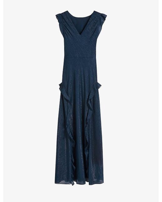 Ted Baker Blue Laurae Ruffled Metallic-woven Maxi Dress