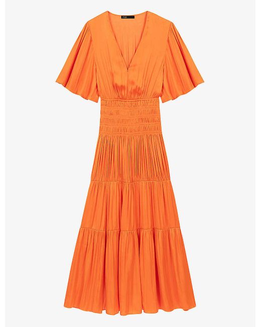 Maje Rome Pleated V-neck Woven Maxi Dress in Orange | Lyst