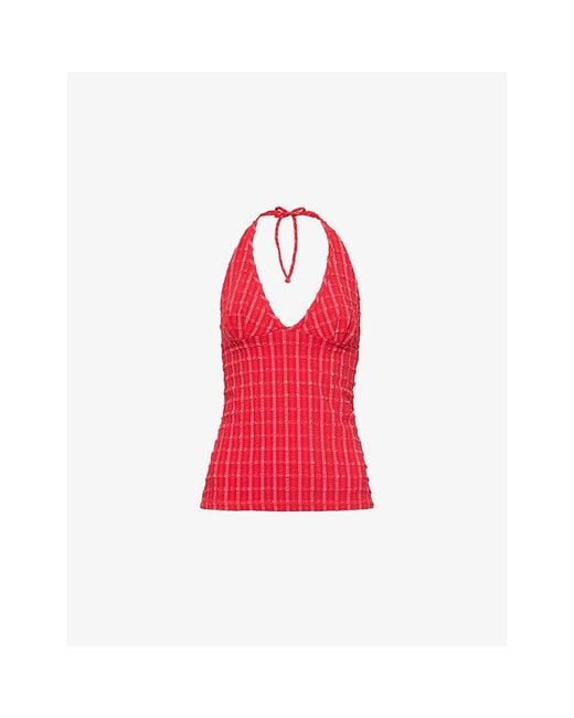 Peachy Den Red Cindy Halter-Neck Stretch-Woven Top