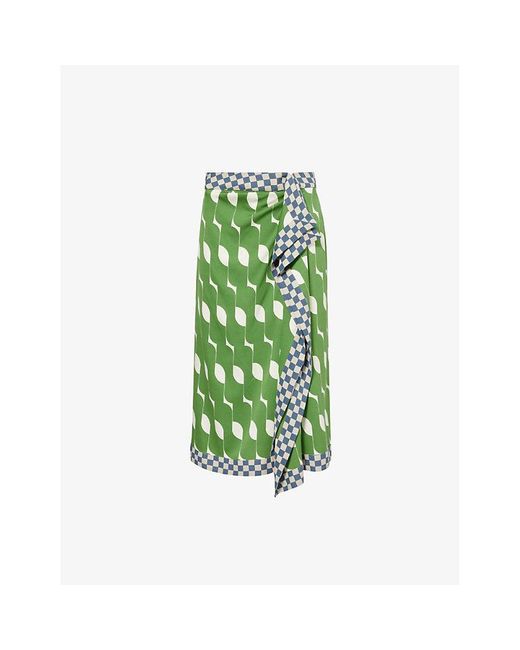 Dries Van Noten Green Abstract-pattern High-rise Silk-blend Midi Skirt