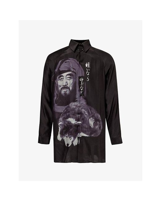 Yohji Yamamoto Black Graphic-print Relaxed Fit Silk Shirt for men