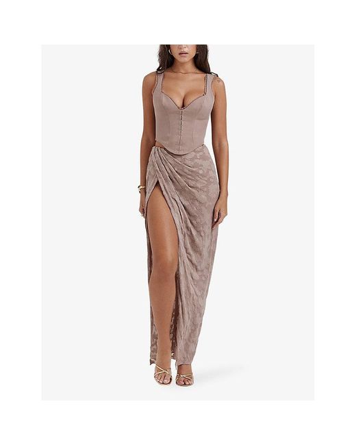 House Of Cb Brown Vesper Floral-Print Stretch-Woven Maxi Skirt