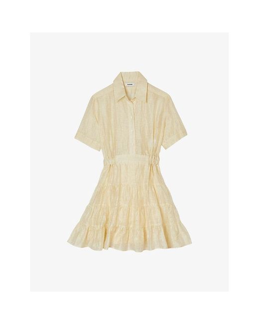 Sandro Natural Tiered-panel Linen-blend Mini Dress