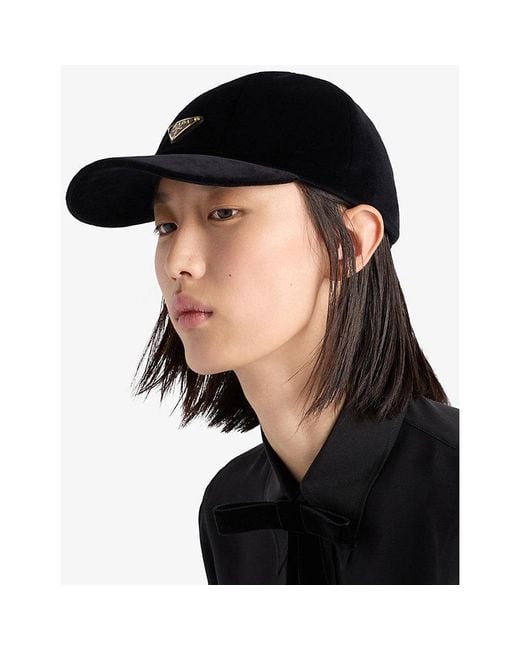 Prada Black Triangle-Logo Velvet Baseball Cap for men