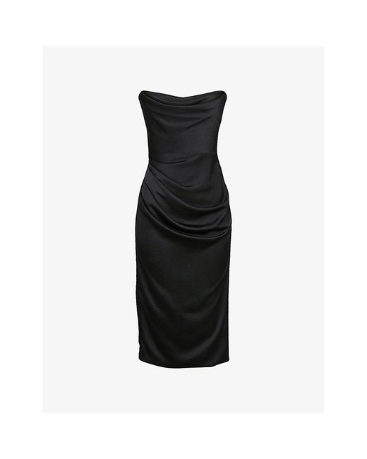 House Of Cb Black Santana Strapless Satin Midi Dress