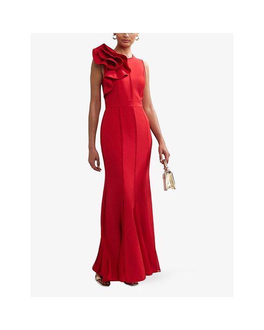 Phase Eight Red Tyra Ruffle-Trim Slim-Fit Stretch-Woven Maxi Dress