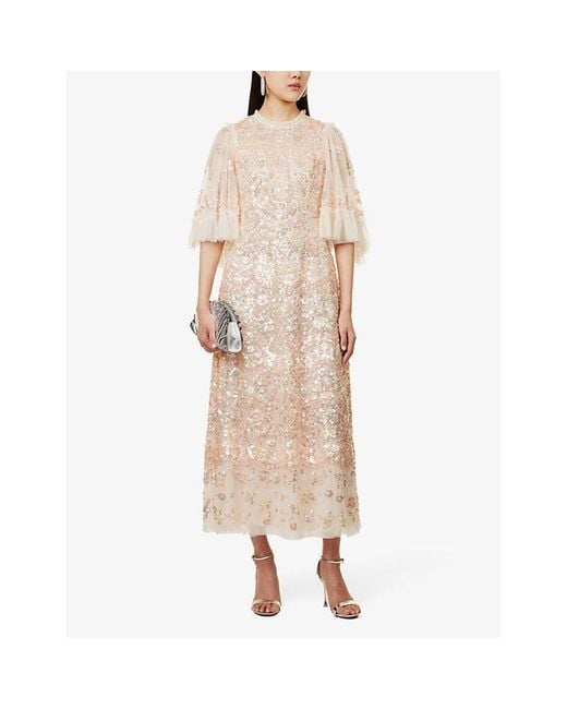 Needle & Thread Natural Garden Delight Sequin-embellished Recycled-polyester Maxi Dress