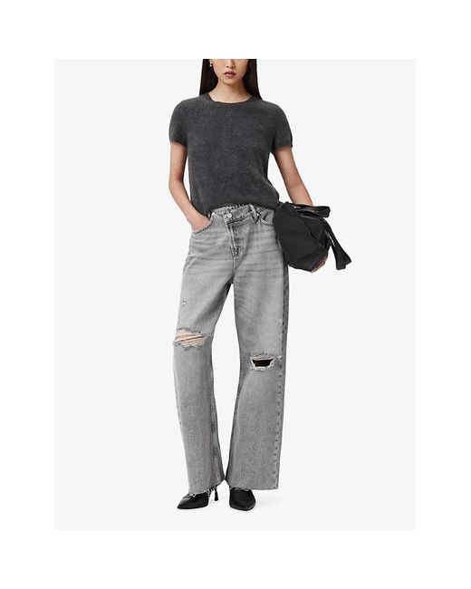 AllSaints Aki Crossover Wide-Leg Mid-Rise Jeans in Gray | Lyst