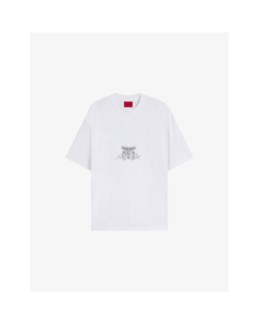 HUGO White Collegiate Logo-Print Oversized-Fit Cotton-Jersey T-Shirt for men