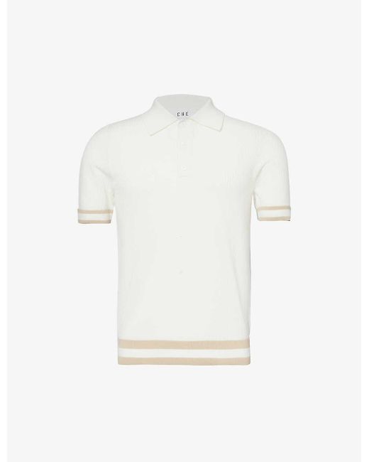 CHE White Quinn Stripe-trimmed Knitted Polo Shirt for men