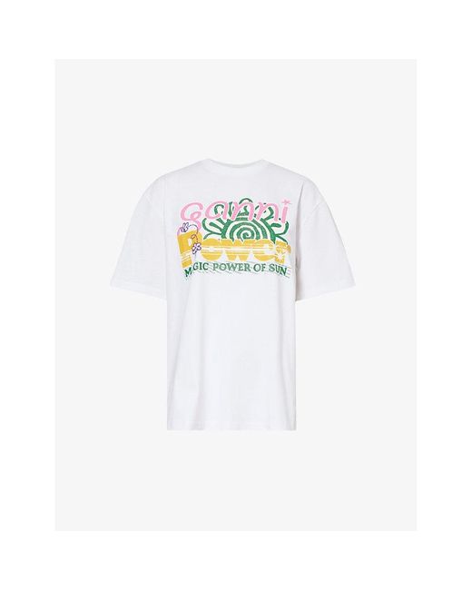 Ganni White Branded-print Short-sleeved Organic Cotton-blend T-shirt X