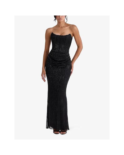 House Of Cb Black Alicia Bead-Embellished Stretch-Woven Floor-Length Gown