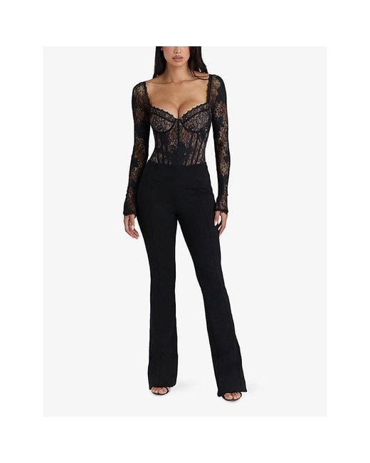 House Of Cb Black Aneira Long Sleeve Lace Bodysuit