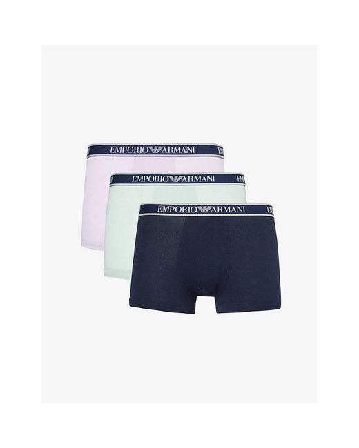Emporio Armani Blue Branded-waistband Pack Of Three Stretch-cotton Trunks X for men