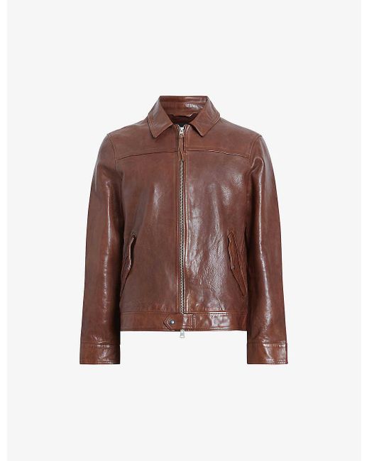 AllSaints Brown Brim Collared Leather Jacket for men