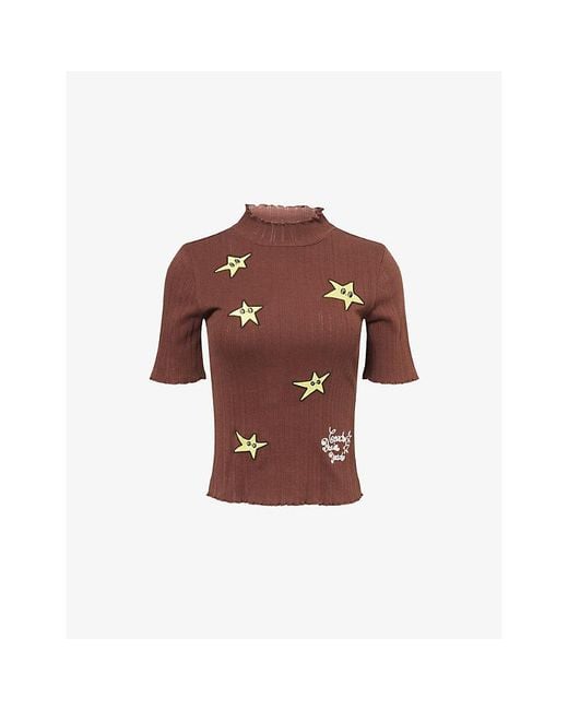 COACH Red X Brain Dead Mock-Neck Pointelle-Knit Cotton Top