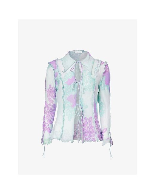 Acne Blue Satty Open-front Floral-pattern Cotton And Silk-blend Shirt