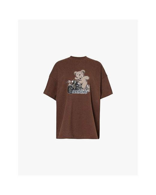 Sisters & Seekers Brown Motorbear Oversized Cotton-Jersey T-Shirt