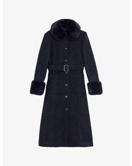 Ted Baker Blue Lyddiia Faux Fur-collar Woven Coat