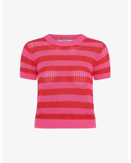 OMNES Pink Lexi Stripe-pattern Crochet-knit Cotton Jumper