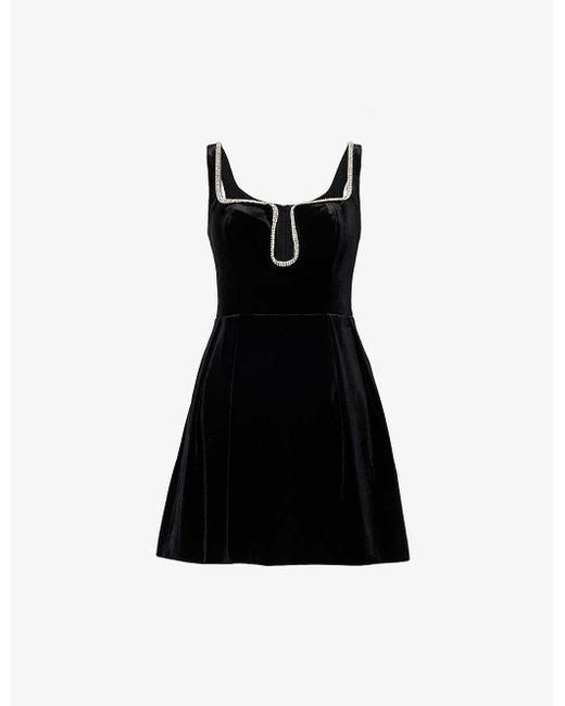 Self-Portrait Black Crystal-embellished Fit-and-flare Stretch-velvet Mini Dress