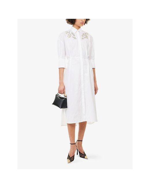 Erdem White Embellished Long-Sleeves Cotton-Poplin Midi Dress