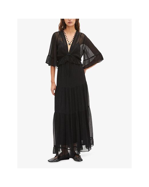 The Kooples Black V-Neck Short-Sleeve Woven Midi Dress