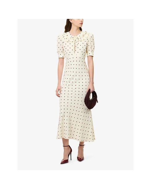 Alessandra Rich Natural Polka-Dot Double-Collar Silk Midi Dress
