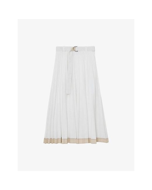 Reiss White Allora Pleated Woven Midi Skirt