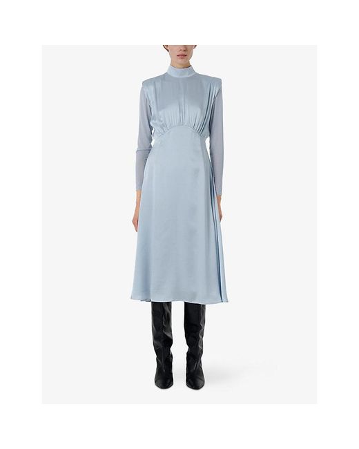 eem Blue High-Neck Silk Midi Dress