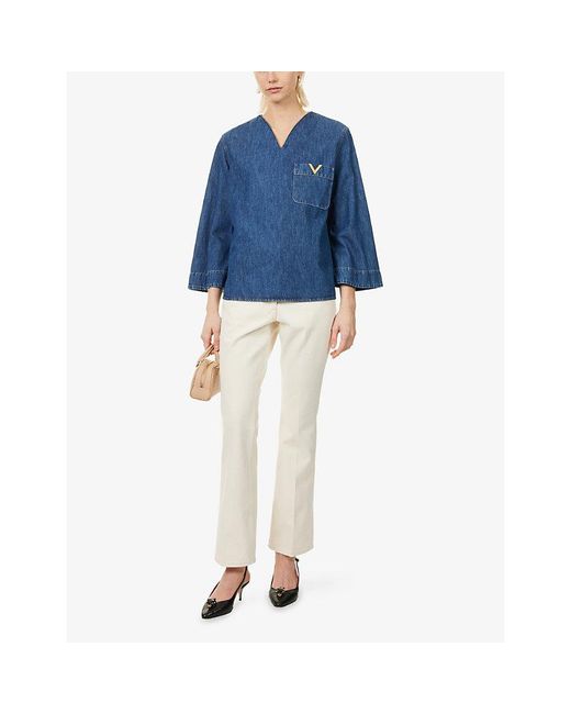 Valentino Blue V-Neck Long-Sleeve Denim Shirt