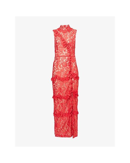 Alessandra Rich Red High-Neck Ruffled Lace Midi Dress