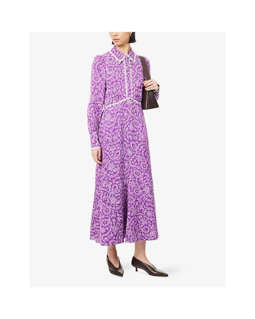 ME+EM Purple Floral-Print Lace-Trim Fit-And-Flare Crepe Maxi Dress