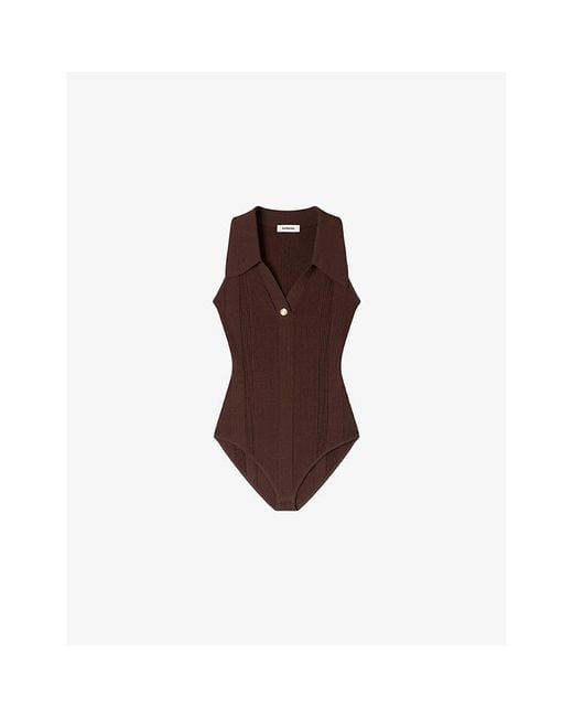 Sandro Brown Ribbed Polo-Collar Knitted Bodysuit