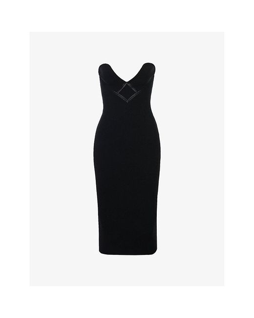 House Of Cb Black Magdalena Sweetheart-Neck Embroidered Stretch-Knit Midi Dress