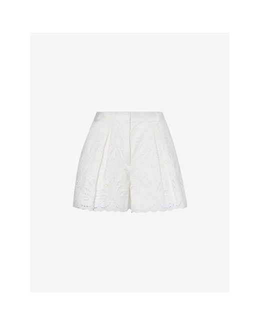 Self-Portrait White Broderie-anglaise Pleated Cotton Shorts