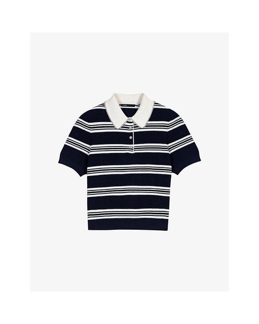 Maje Blue Striped Rhinestone-Trim Knitted Polo Shirt
