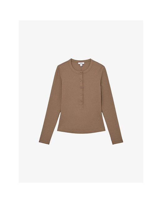 Reiss Brown Rina Half-Button Stretch-Cotton Top